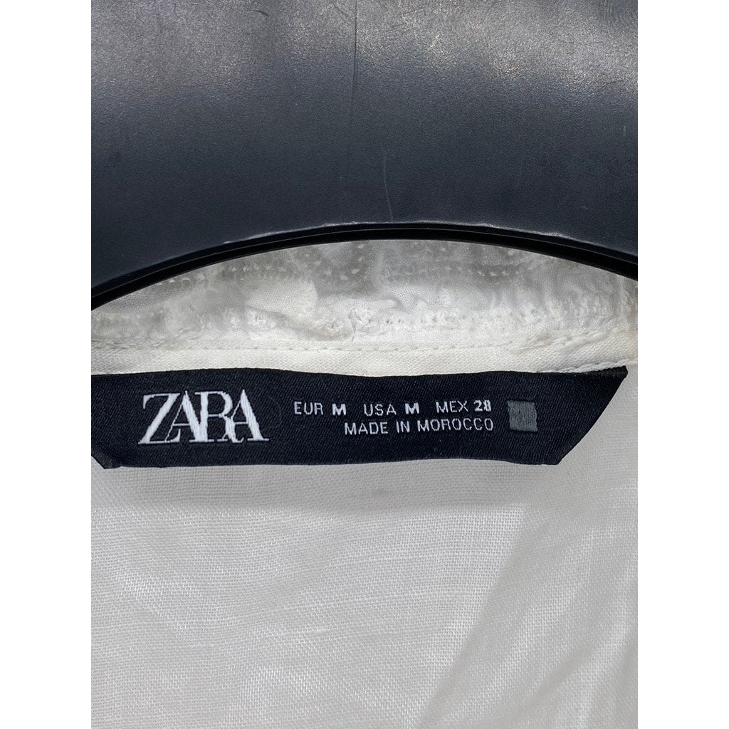 ZARA Women’s White Pleated Lace-Trim High-Neck Button-Up Top SZ M