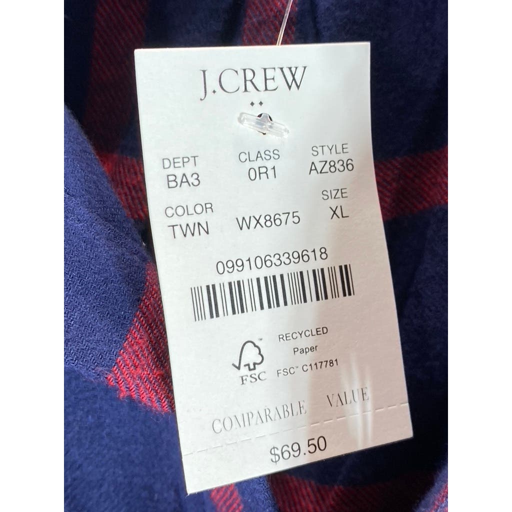 J. CREW Men's Navy Plaid Classic-Fit Button-Up Long Sleeve Flannel Shirt SZ XL