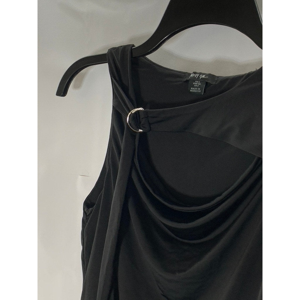 NASTY GAL Women's Black Solid Premium Slinky Ring Detail Cowl Neck Top SZ 2