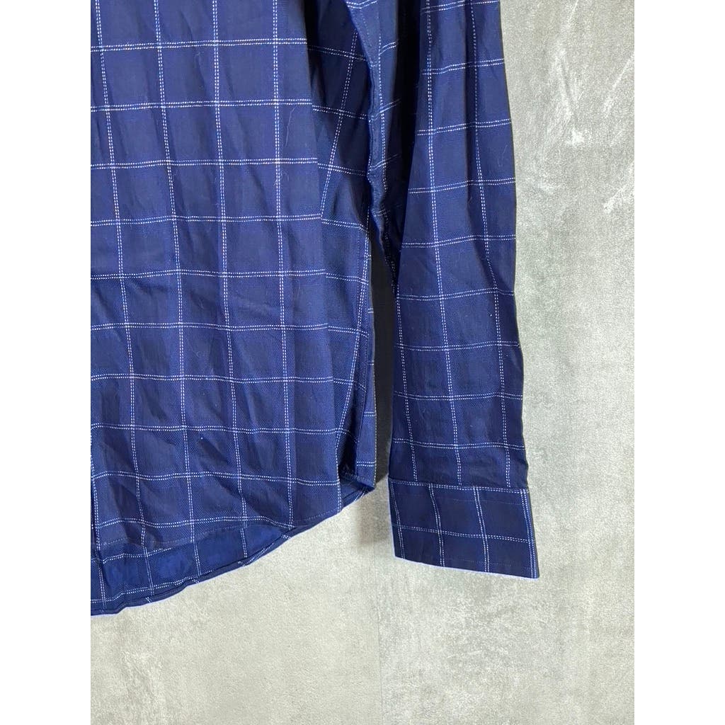 BEN SHERMAN Men's Navy Dobby Windowpane Stretch Skinny-Fit Dress Shirt SZ 16