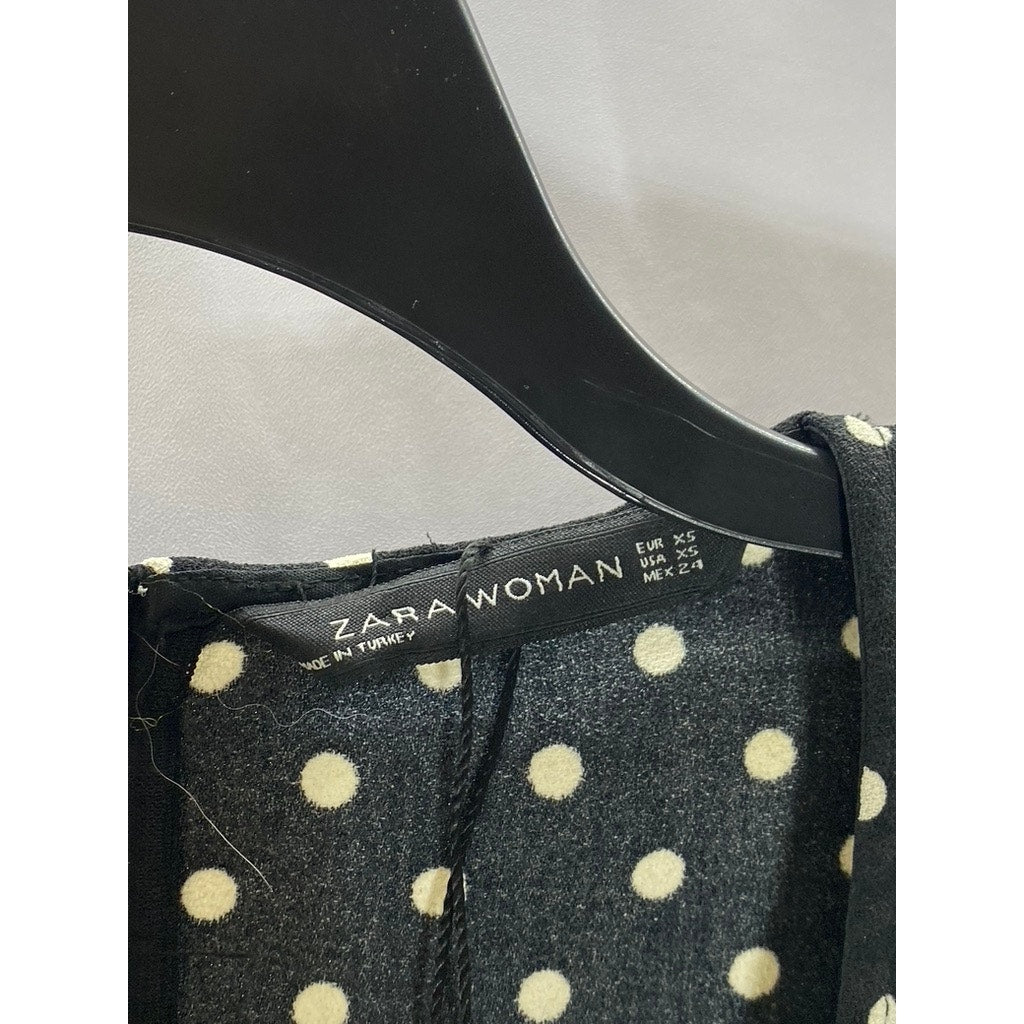 ZARA Women's Black-White Polka Dot V-Neck Long-Sleeve Cropped Jumpsuit SZ XS