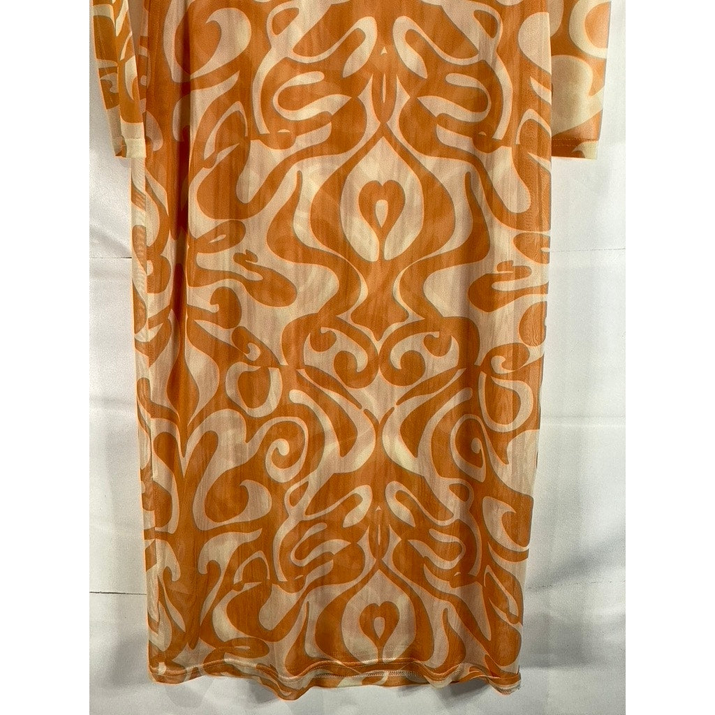FIND ME NOW Women's Mesh Orange Creamsicle Dream On Long Sleeve Midi Dress SZ M