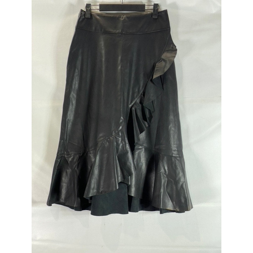 RACHEL RACHEL ROY Women's Black Faux Leather Ruffled Knee Length Skirt SZ 4
