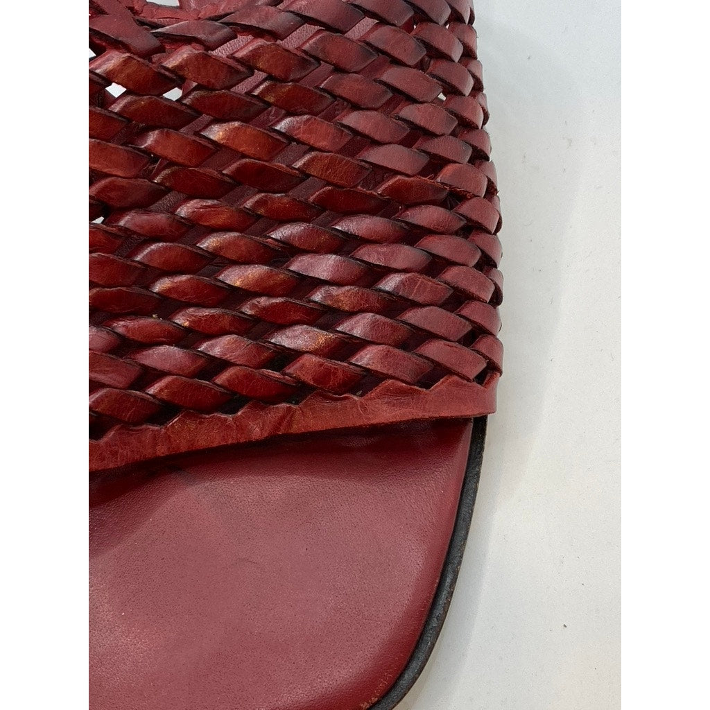 COLE HAAN Women's Red Leather Woven Square Open-Toe Block Heel Sandals SZ 8.5