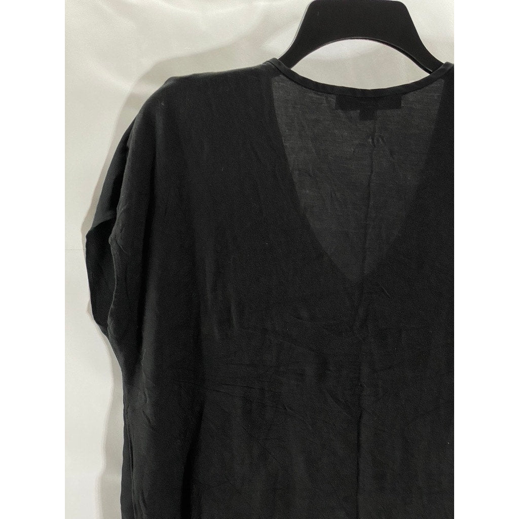 LOFT Women's Black Solid Sheer V-Neck Short Sleeve Round Hem Top SZ S