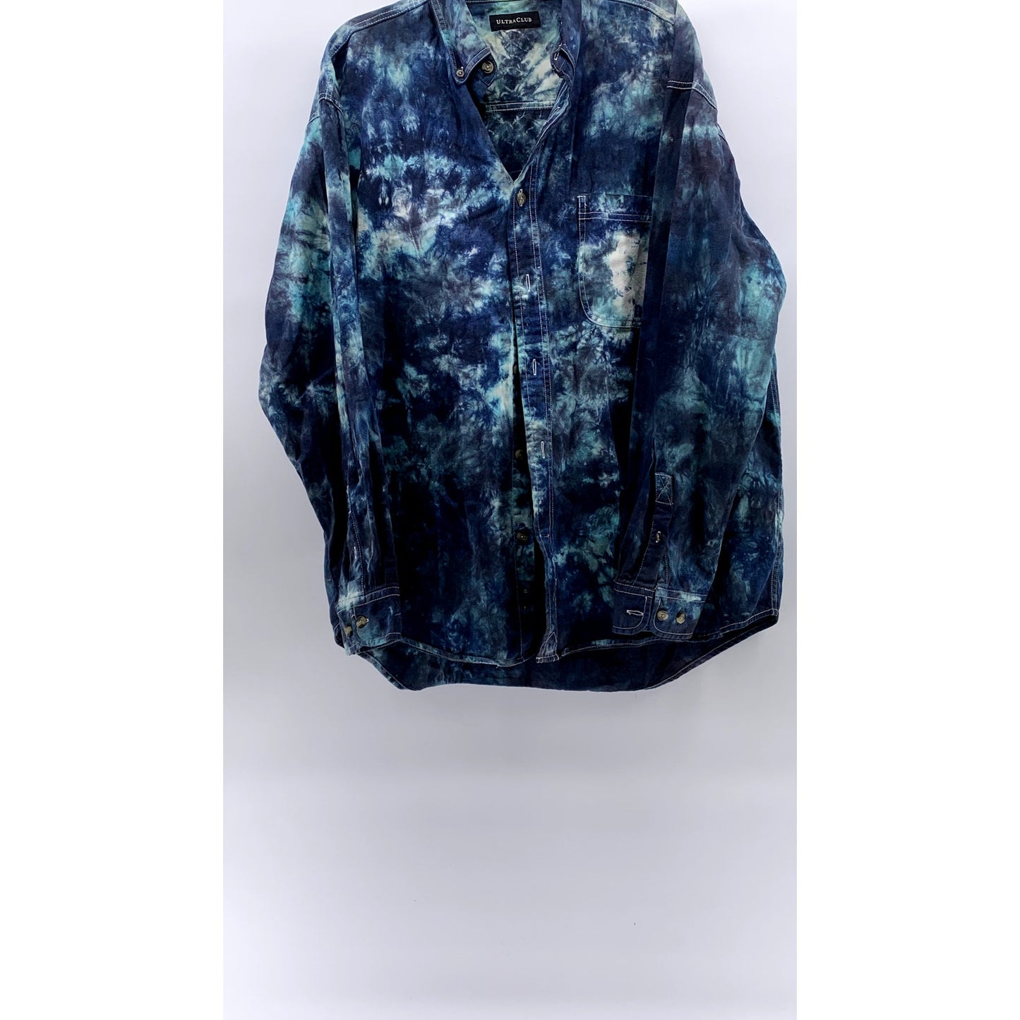 ULTRA CLUB Men's Blue Tie-Dye Regular-Fit Button-Up Long Sleeve Shirt SZ XL