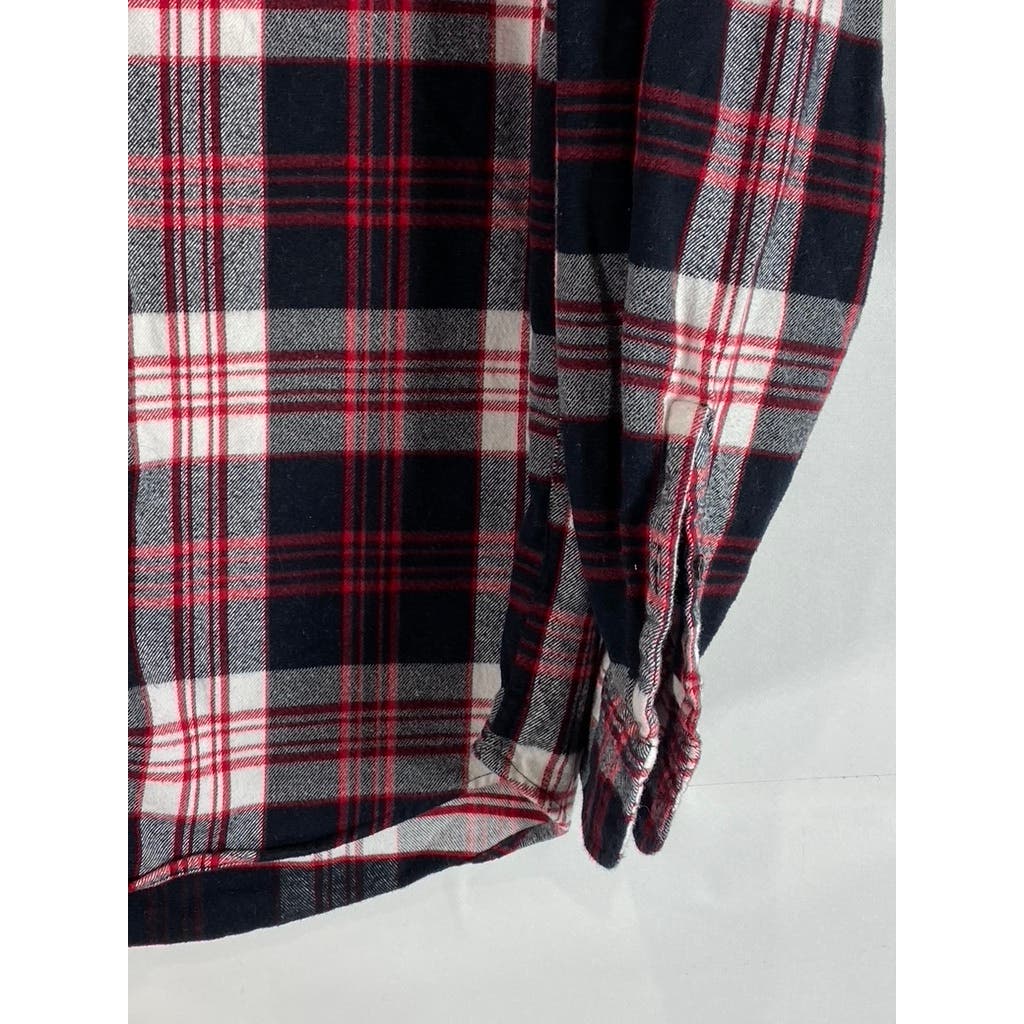 LANDS' END Men's Red/Black Plaid Traditional-Fit Button-Up Long Sleeve Shirt SZM