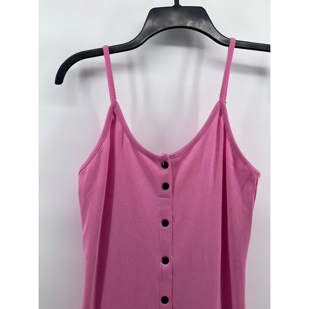 ACTIVE USA Women's Light Pink V-Neck Ribbed Button-Front Mini Dress SZ L