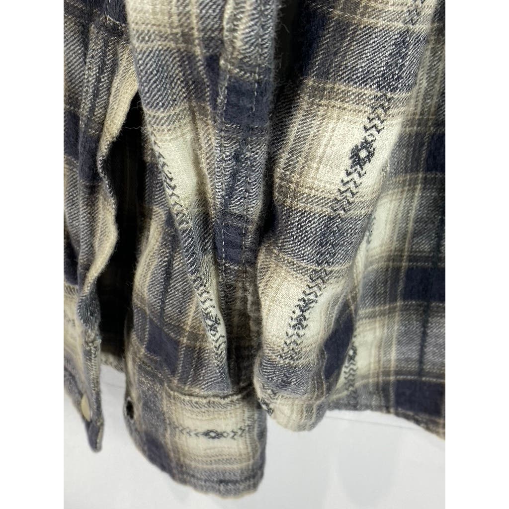 LUCKY BRAND Men's Cream/Gray Plaid Snap Button-Up Long Sleeve Western Shirt SZ L