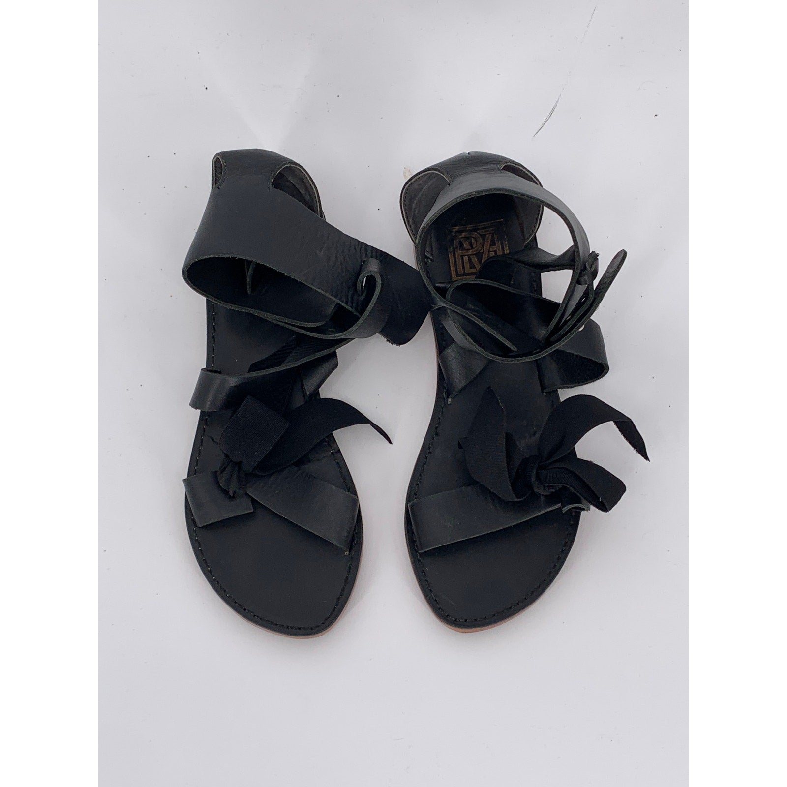 POUR & VICTOIRE Women's Black Leather Round Open-Toe Strappy Sandals SZ 7