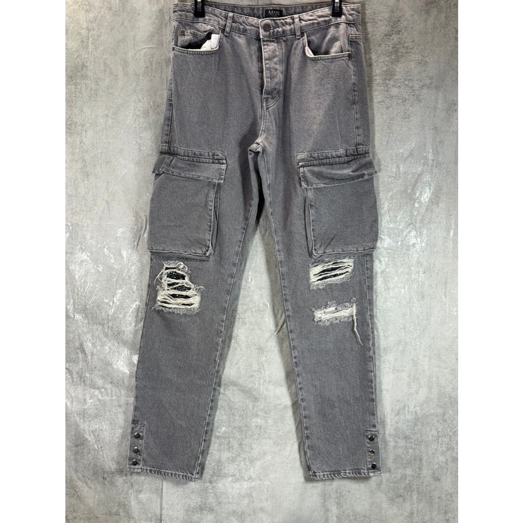 MAN BOOHOOMAN Men's Grey Skinny Stretch Distressed Smoked Popper Hem Cargo Jean