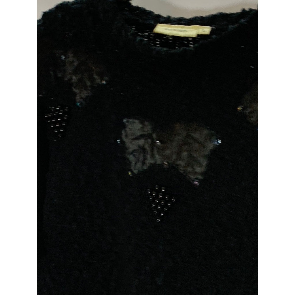 UNBRANDED Women's Black Beaded Floral Appliqué Crewneck Pullover Sweater SZ L