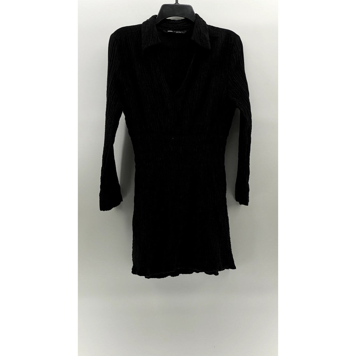 ZARA Women's Black Textured Smocked-Waist Long Sleeve V-Neck A-Line Dress SZ M