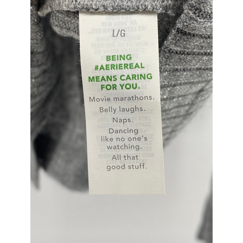 AERIE Women’s Heather Gray Ribbed Long Sleeve Button-Up Top SZ L