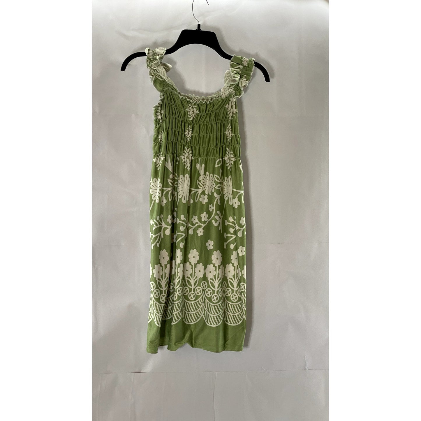 UNBRANDED Women's Green/White Floral Smocked Ruffle Sleeve Mini Dress SZ S