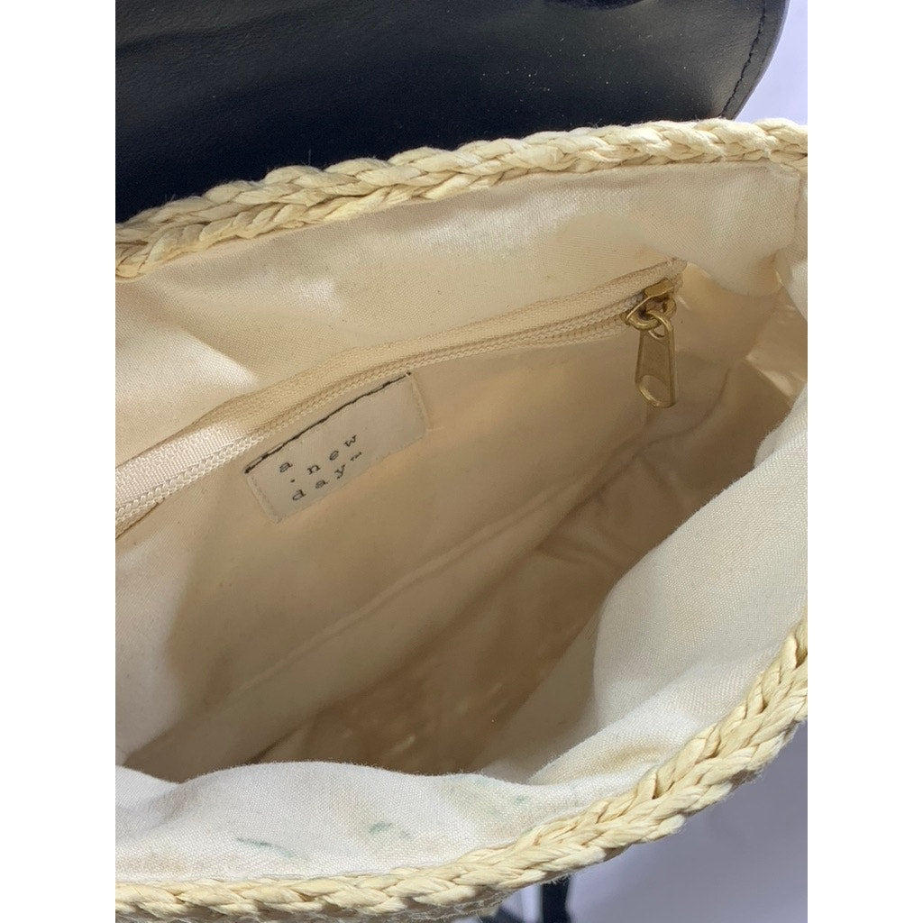 A NEW DAY Women's Black-Tan Straw Flap Snap Button Shoulder Cross-Body Bag