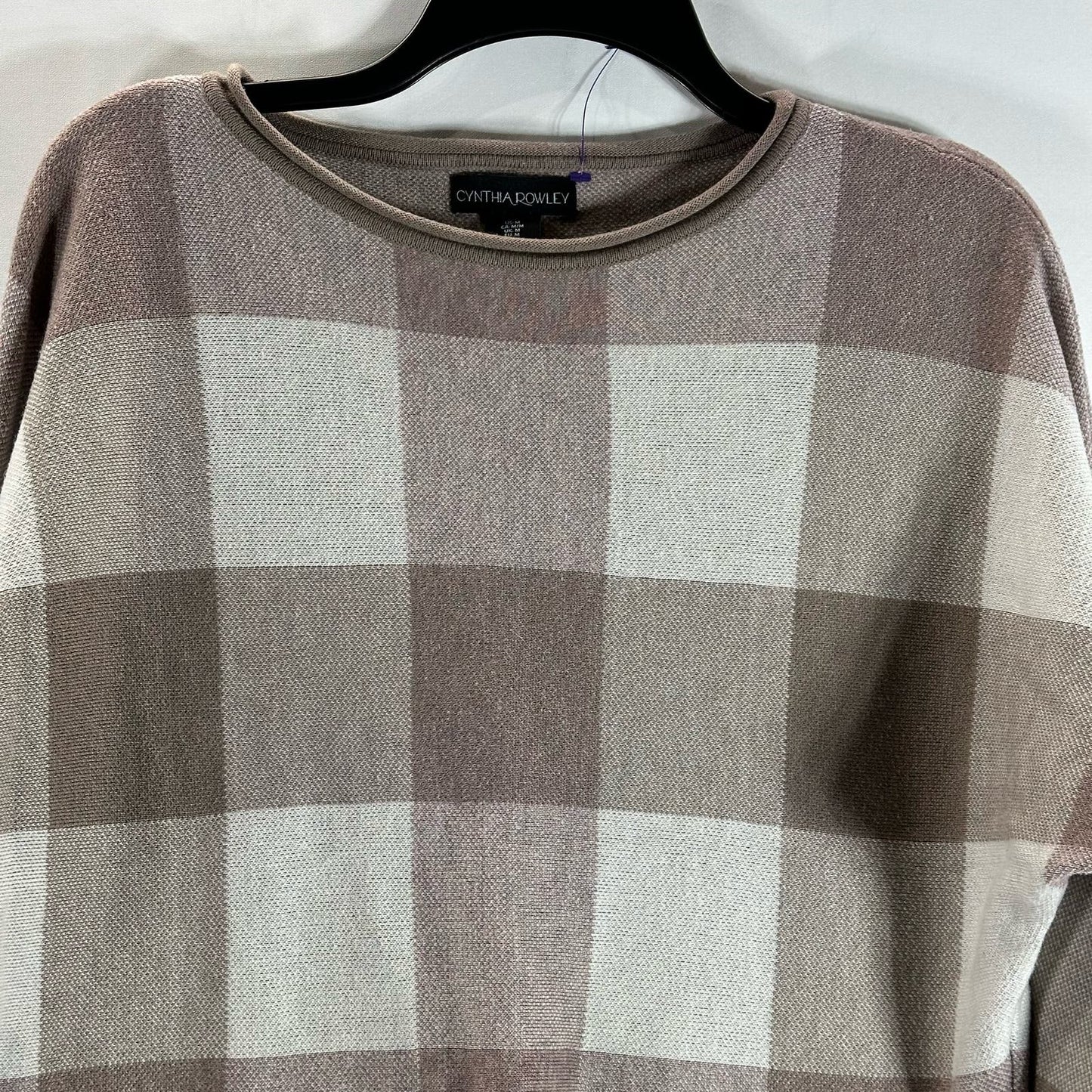 CYNTHIA ROWLEY Women's Brown/Beige Plaid Bateau Pullover Sweater SZ M