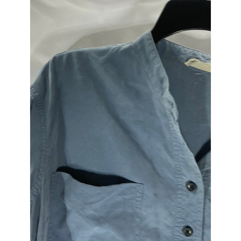 EVERLANE Women's Blue Washable Silk Long Sleeve Henley Patch Pocket Top SZ 2
