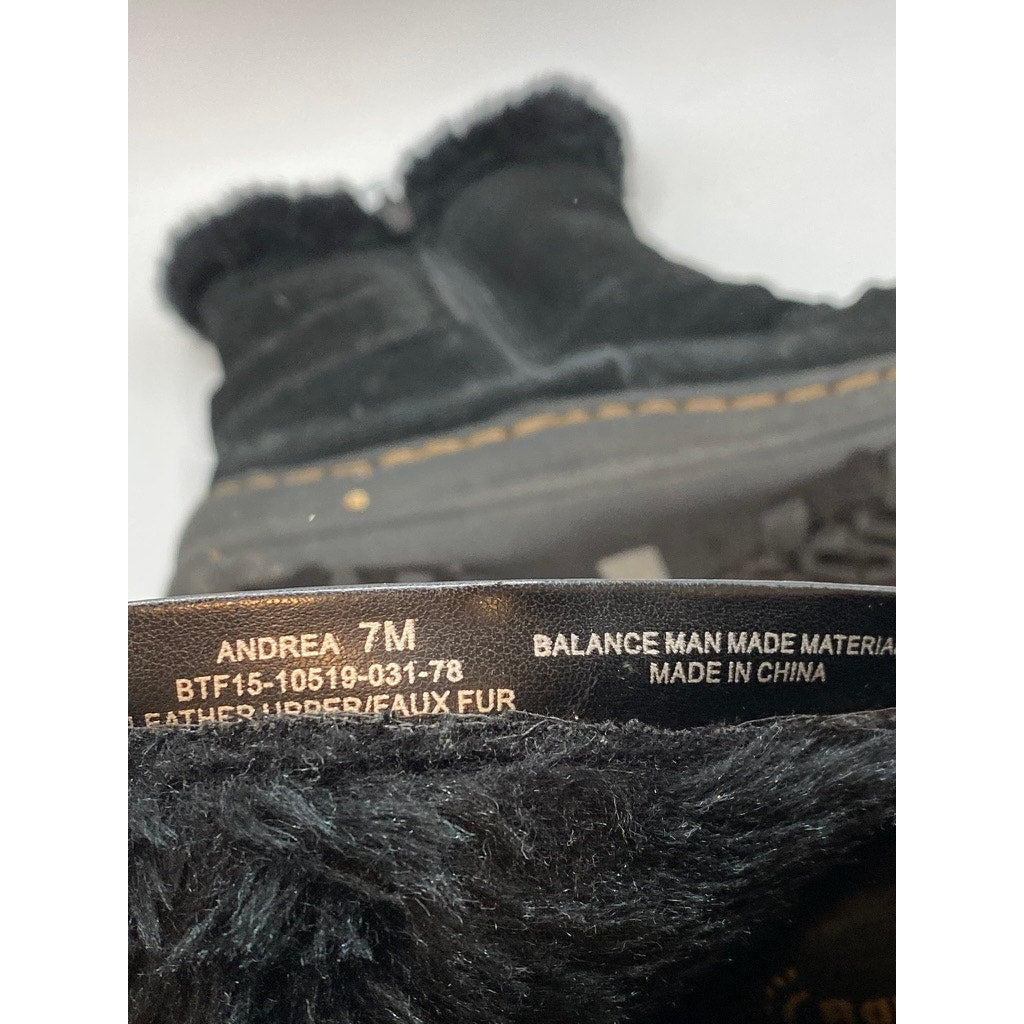 BARETRAPS Women's Black Leather Faux-Fur Round-Toe Ankle Winter Boots SZ 7