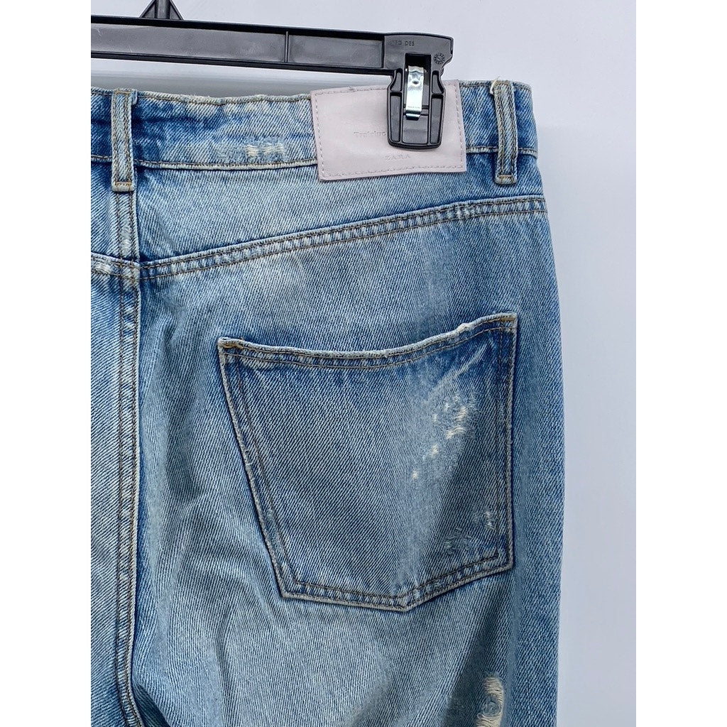 ZARA TRF IX'D Women's Light Blue Denim Distressed Flare Streetwear Y2K Jean SZ 8