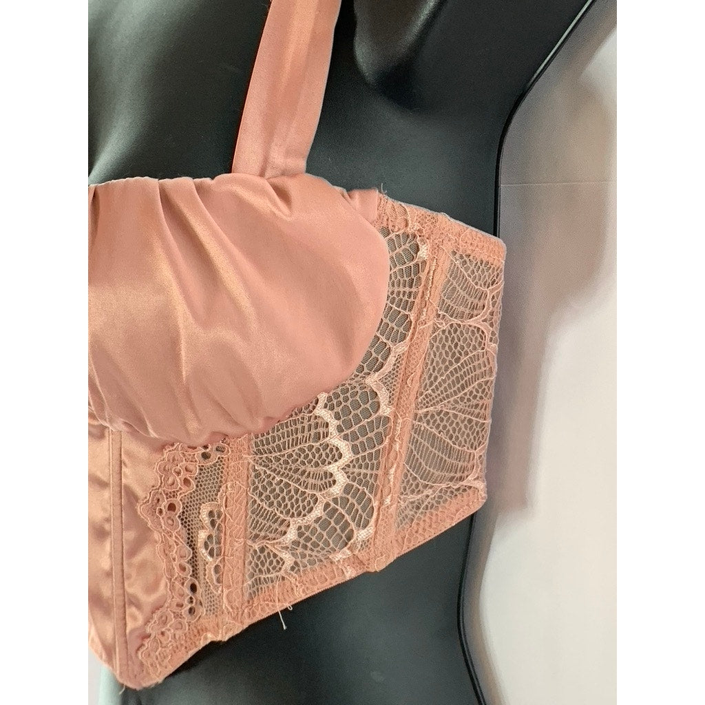 OUT FROM UNDER Women's Pink Satin Lace Hook & Loop Corset Crop Top SZ S