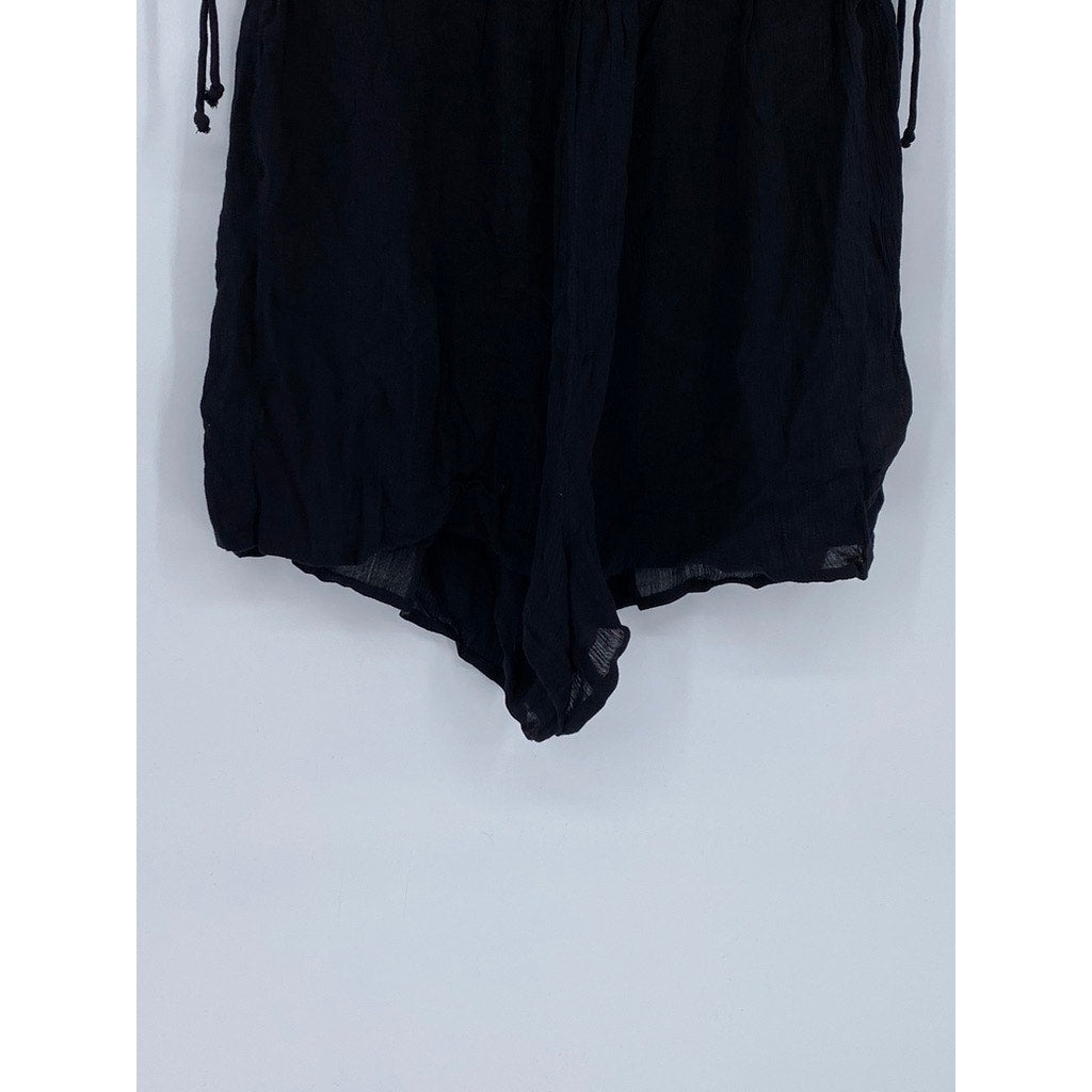 ASOS DESIGN Women's Black Crinkle Tie-Shoulder V-Neck Semi Sheer Romper SZ 8