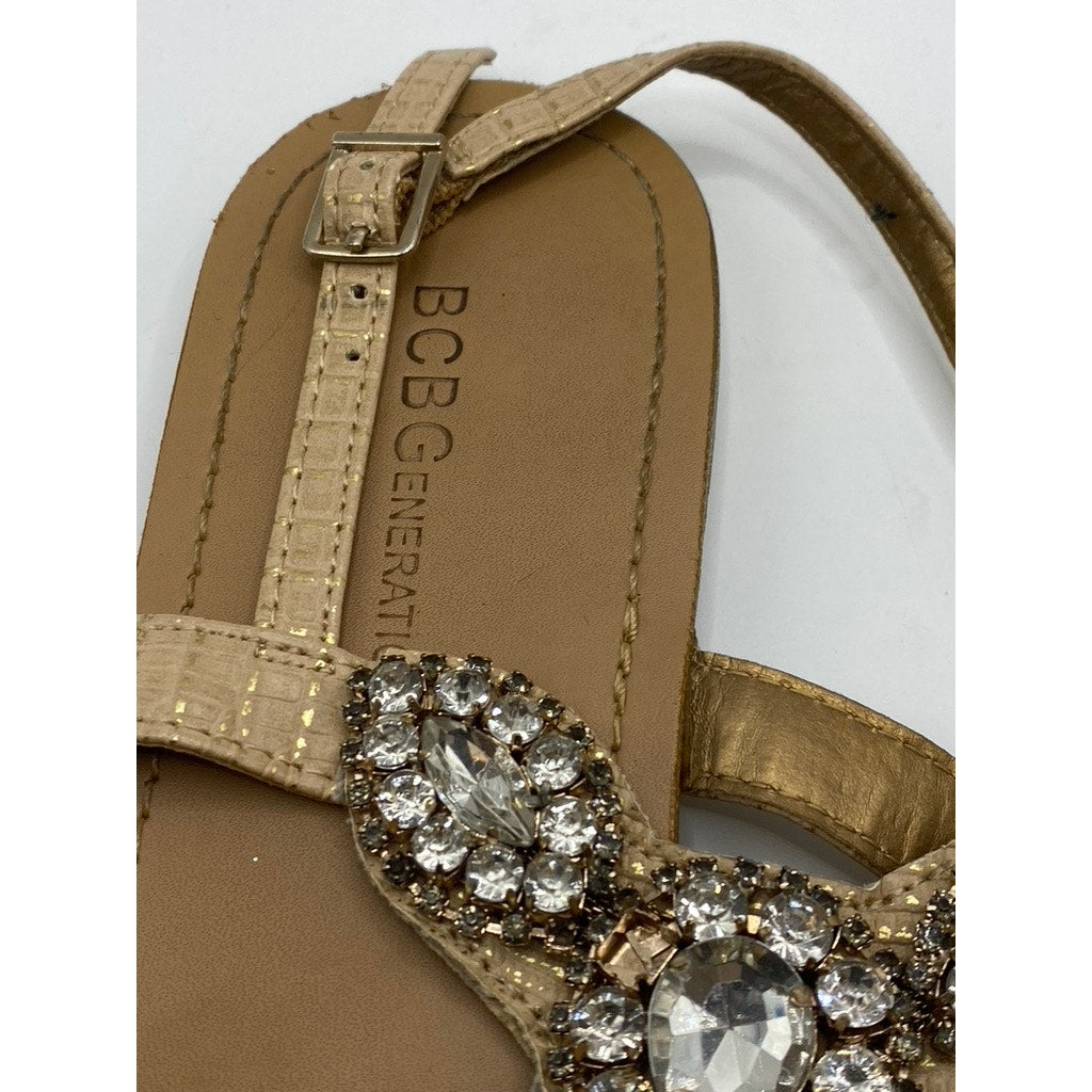 BCBGENERATION Women's Tan Rhinestone Embellished T-Strap Sandals SZ 7