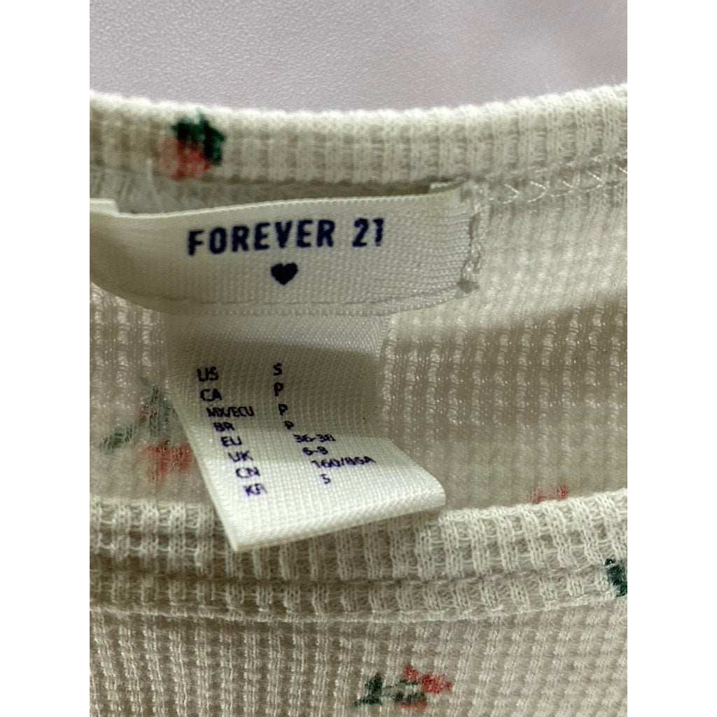 FOREVER 21 Women's White Micro Floral Print Crewneck Short Sleeve Crop Top SZ S