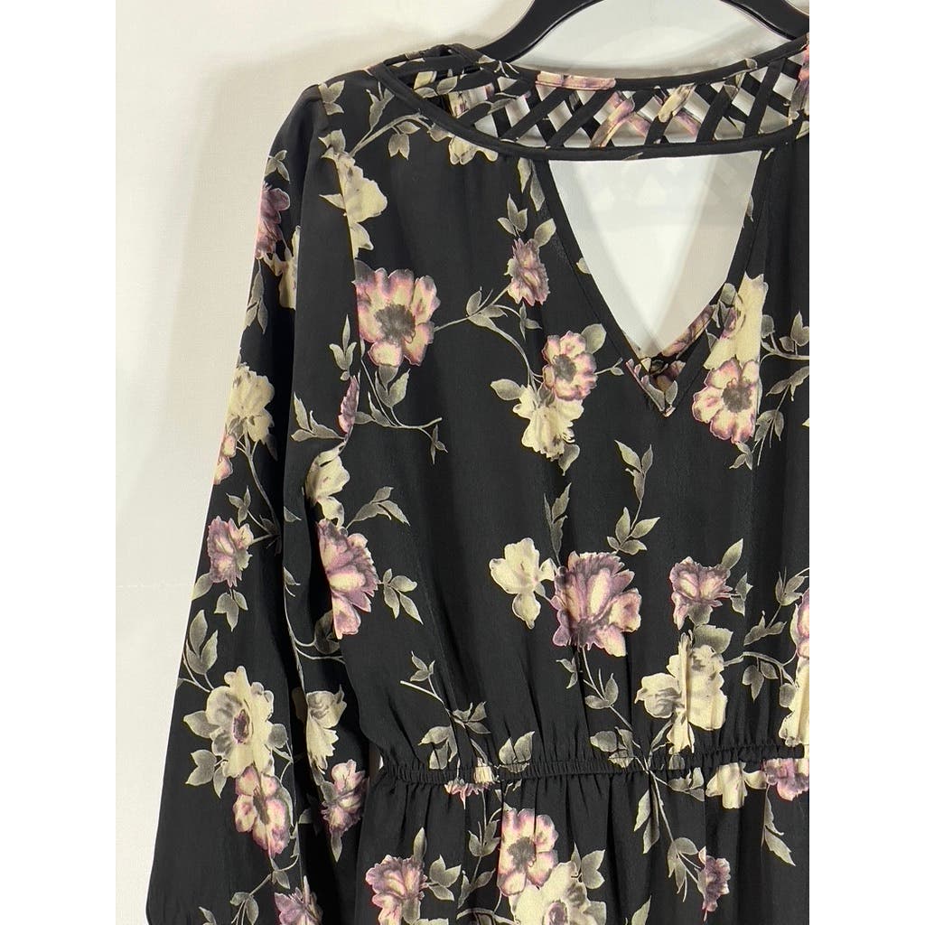 SKIES ARE BLUE Women's Black Floral Print Bronwyn V-Neck Long Sleeve Dress SZ S