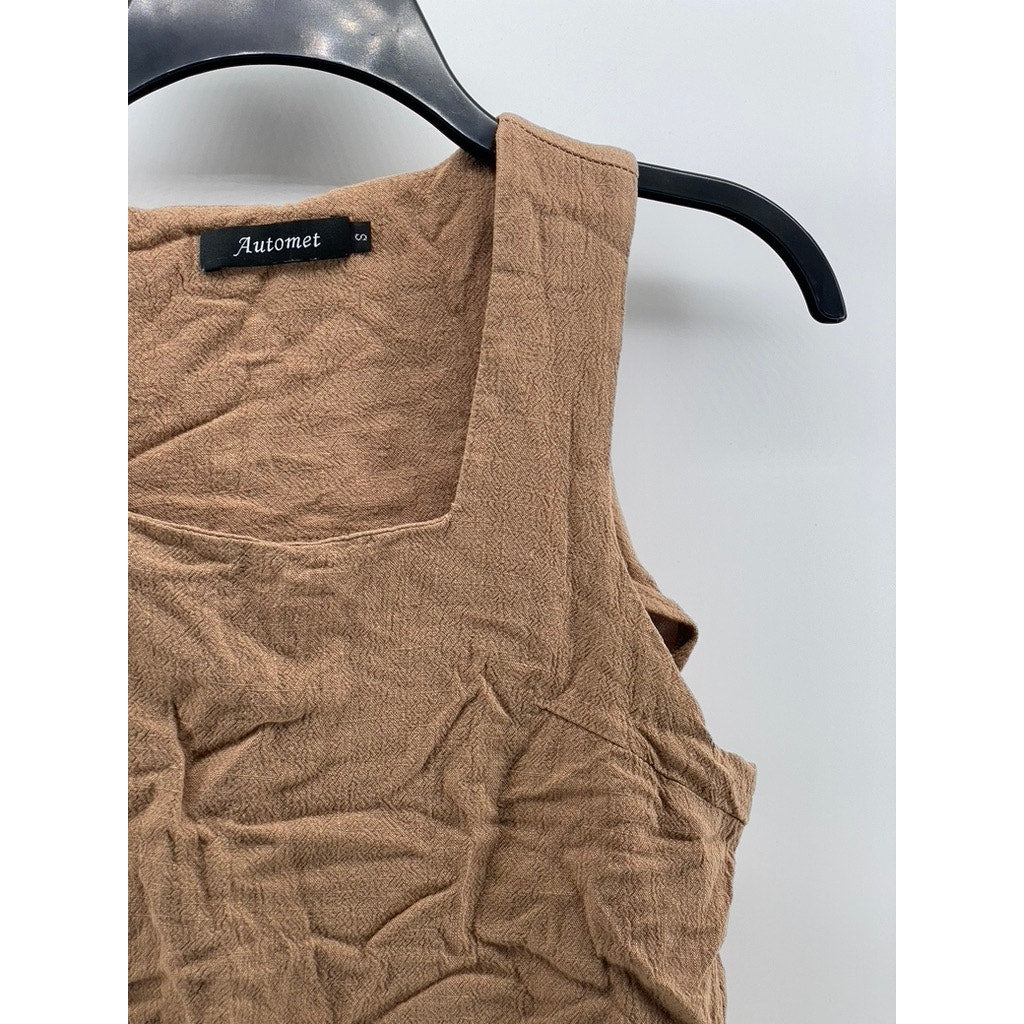 AUTOMET Women's Tan Linen-Blend Textured Straight-Neck Cropped Tank Top SZ S