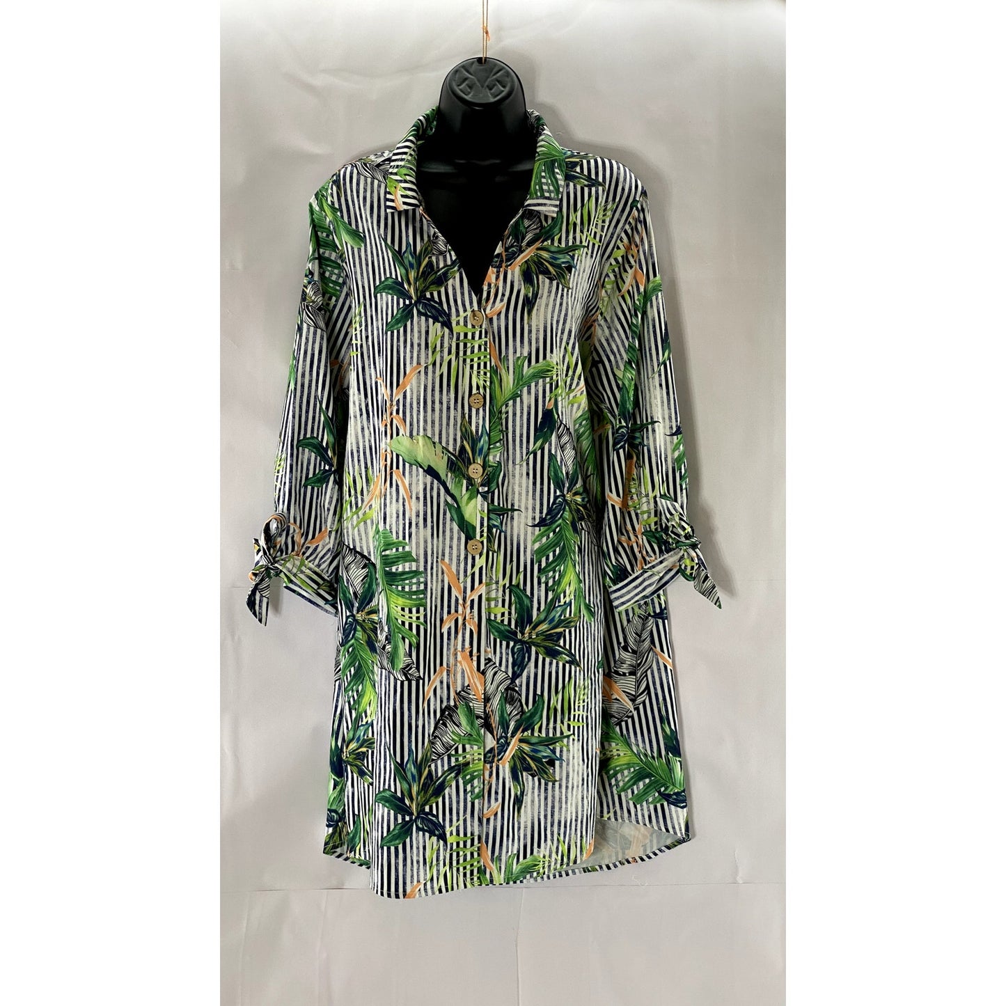 CUPSHE Women's White Striped Hawaiian Tropical Tie-Sleeve Cover-Up Dress SZ L