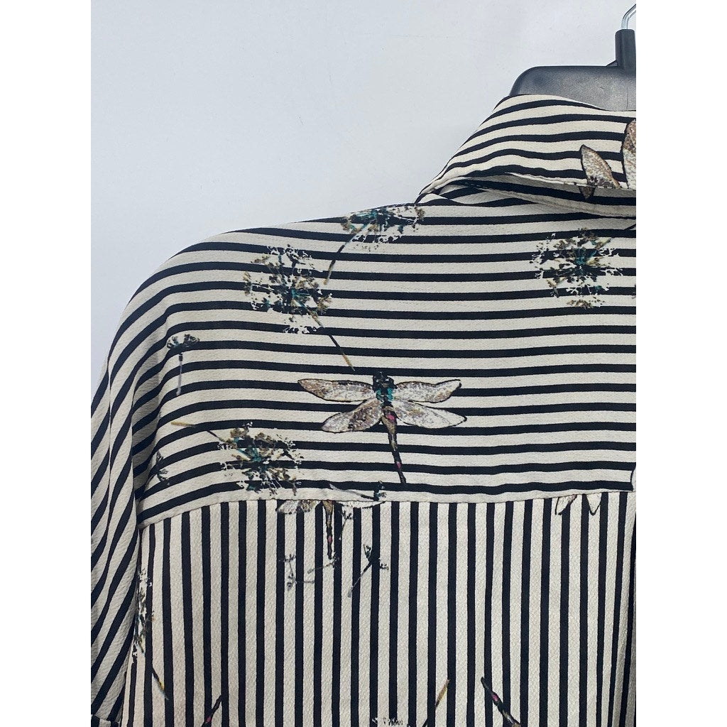 ZARA Women’s Black-Gray Striped Dragonfly Button-Up Long Sleeve Tunic Top SZ S