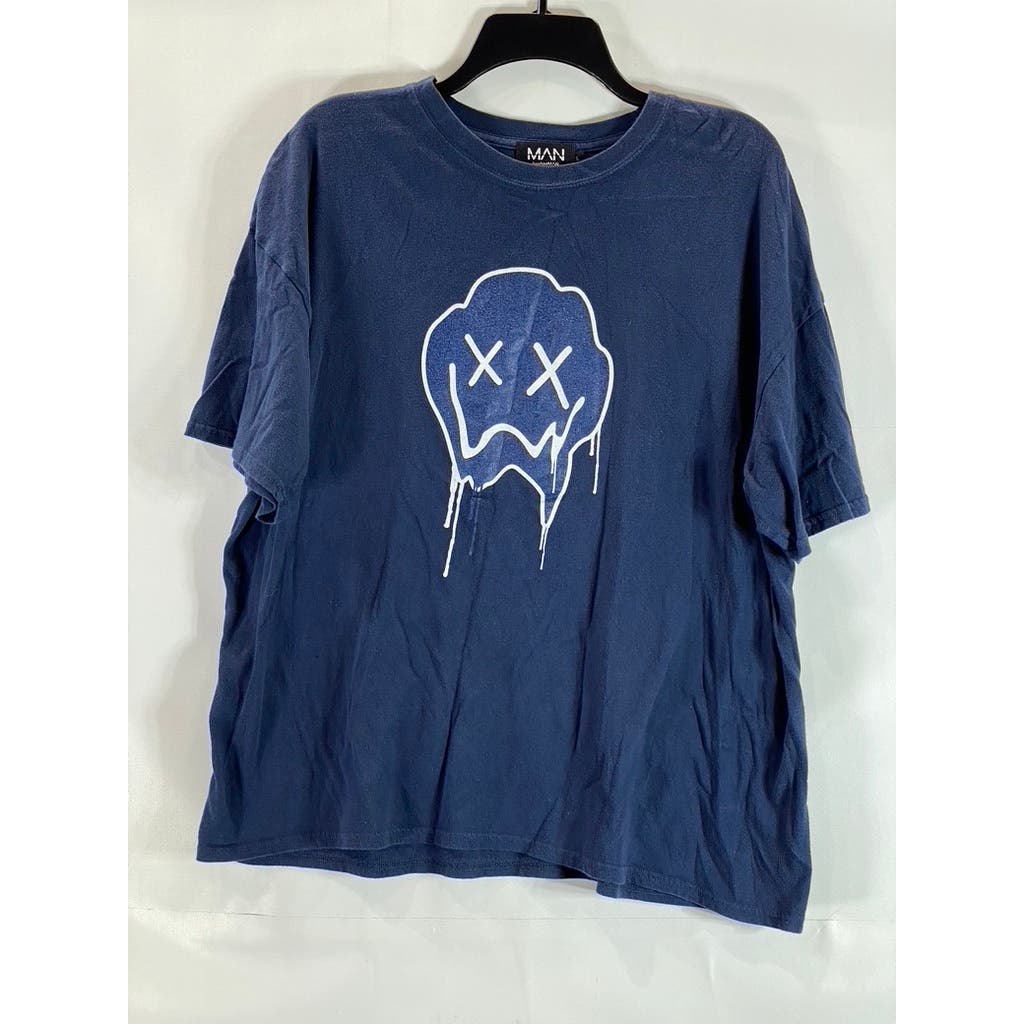 BOOHOO Men's Navy Crewneck Oversized Tonal Drip Face Graphic T-Shirt SZ L