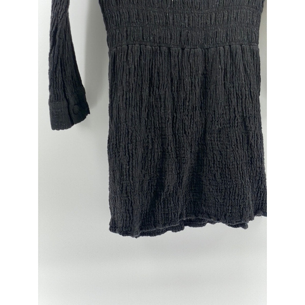ZARA Women's Black Textured Smocked-Waist Long Sleeve V-Neck A-Line Dress SZ M