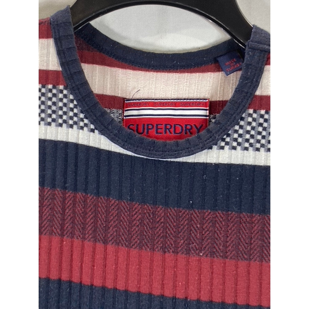 SUPERDRY Women's Navy/Red Striped Crewneck Sleeveless Fitted Midi Dress SZ 12