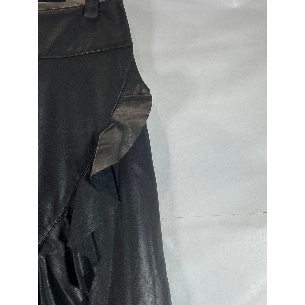 RACHEL RACHEL ROY Women's Black Faux Leather Ruffled Knee Length Skirt SZ 4