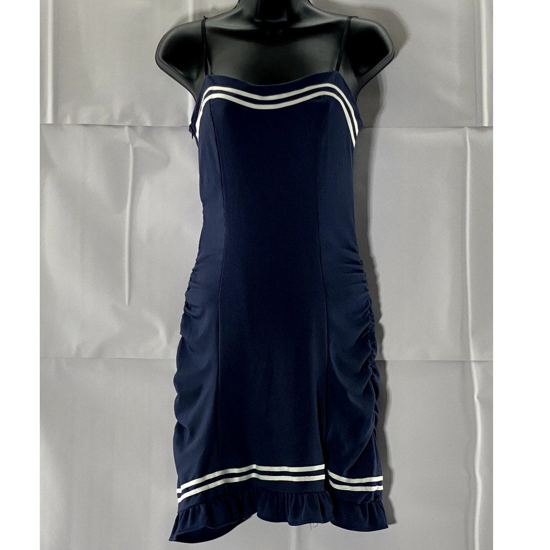 UNBRANDED Women's Navy/White Striped Ribbed Ruffle-Hem Ruched Mini Dress SZ 1