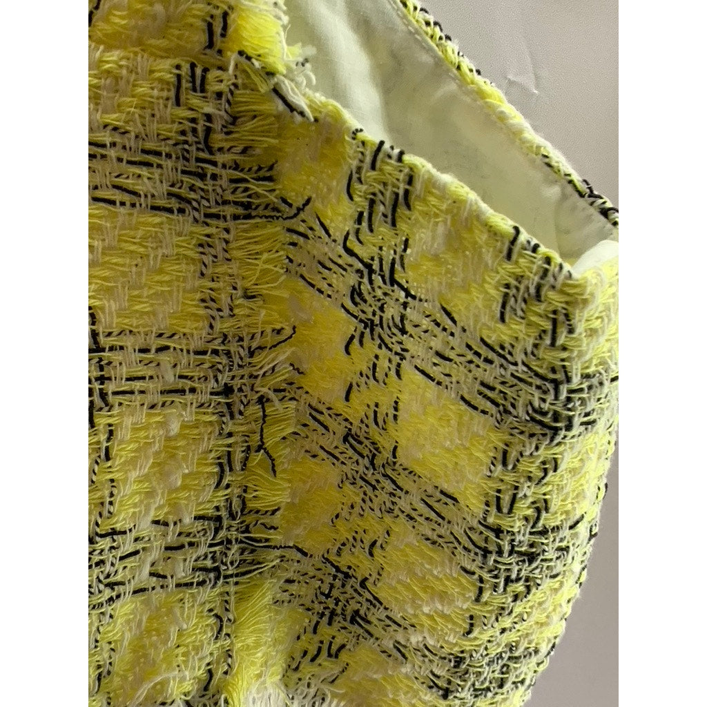 SHEIN Women's Yellow/Black Plaid Tweed Raw Cut Straight-Neck Crop Top SZ L
