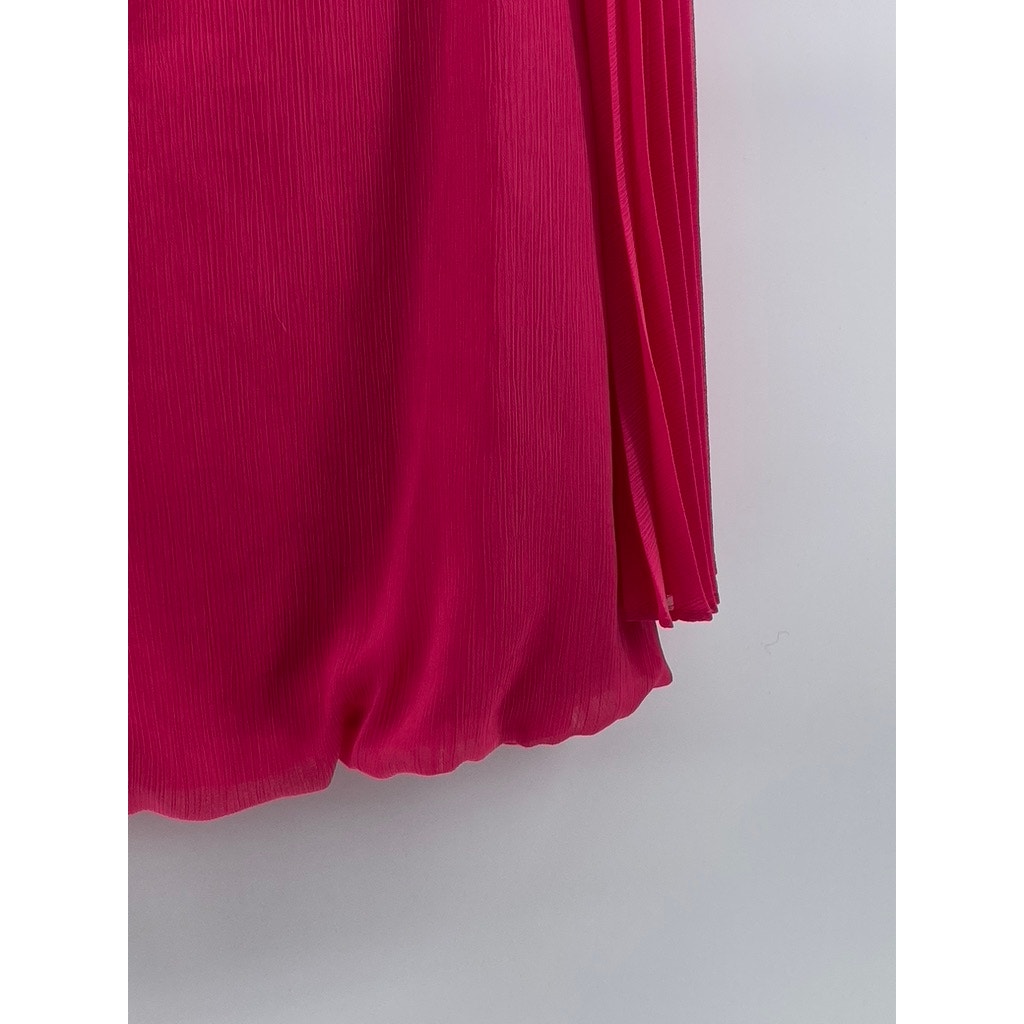 ALFANI Women's Pink Scoop-Neck Pleated Sheer Long Sleeve Bubble-Hem Top SZ 8