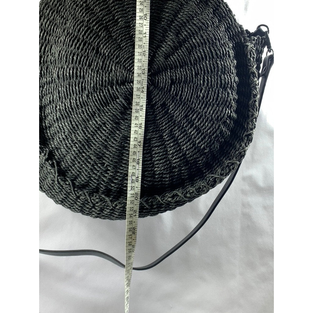 ABERCROMBIE & FITCH Women's Black Straw Woven Round Snap-Button Tote Bag