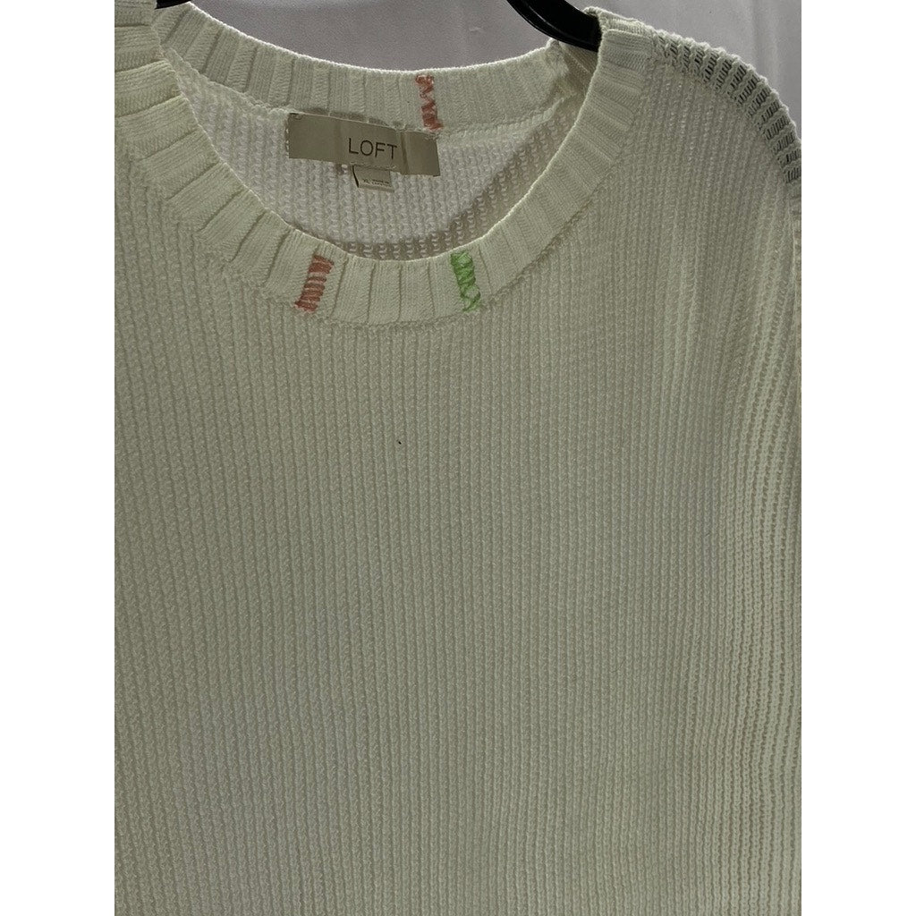 LOFT Women's White Knit Crewneck Elliptical Hem Pullover Sweater SZ XL
