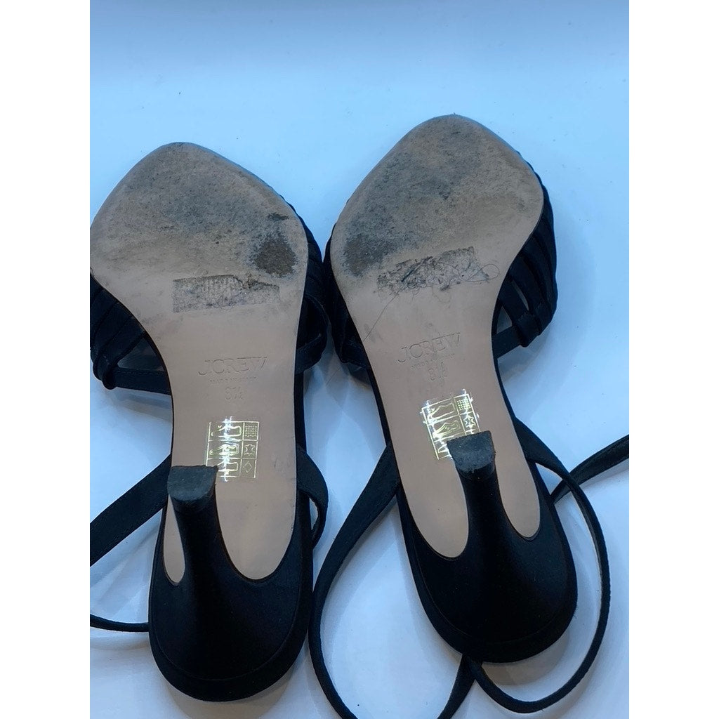 J.CREW Women's Black Satin Strappy Peep-Toe Ankle Strap Heeled Sandals SZ 8.5
