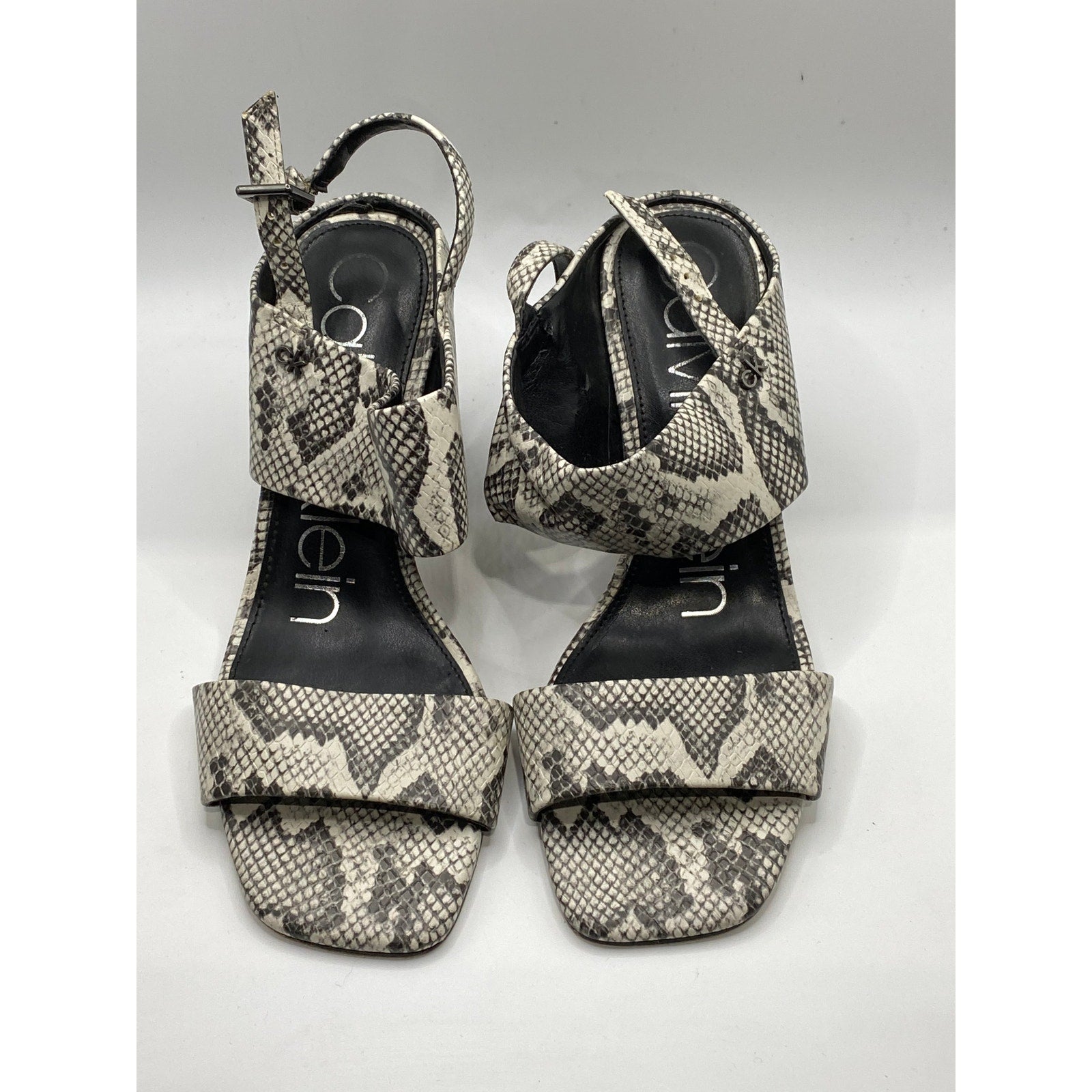 CALVIN KLEIN Women's Black-White Qeelin Snake Square-Toe Heeled Sandals SZ 6.5
