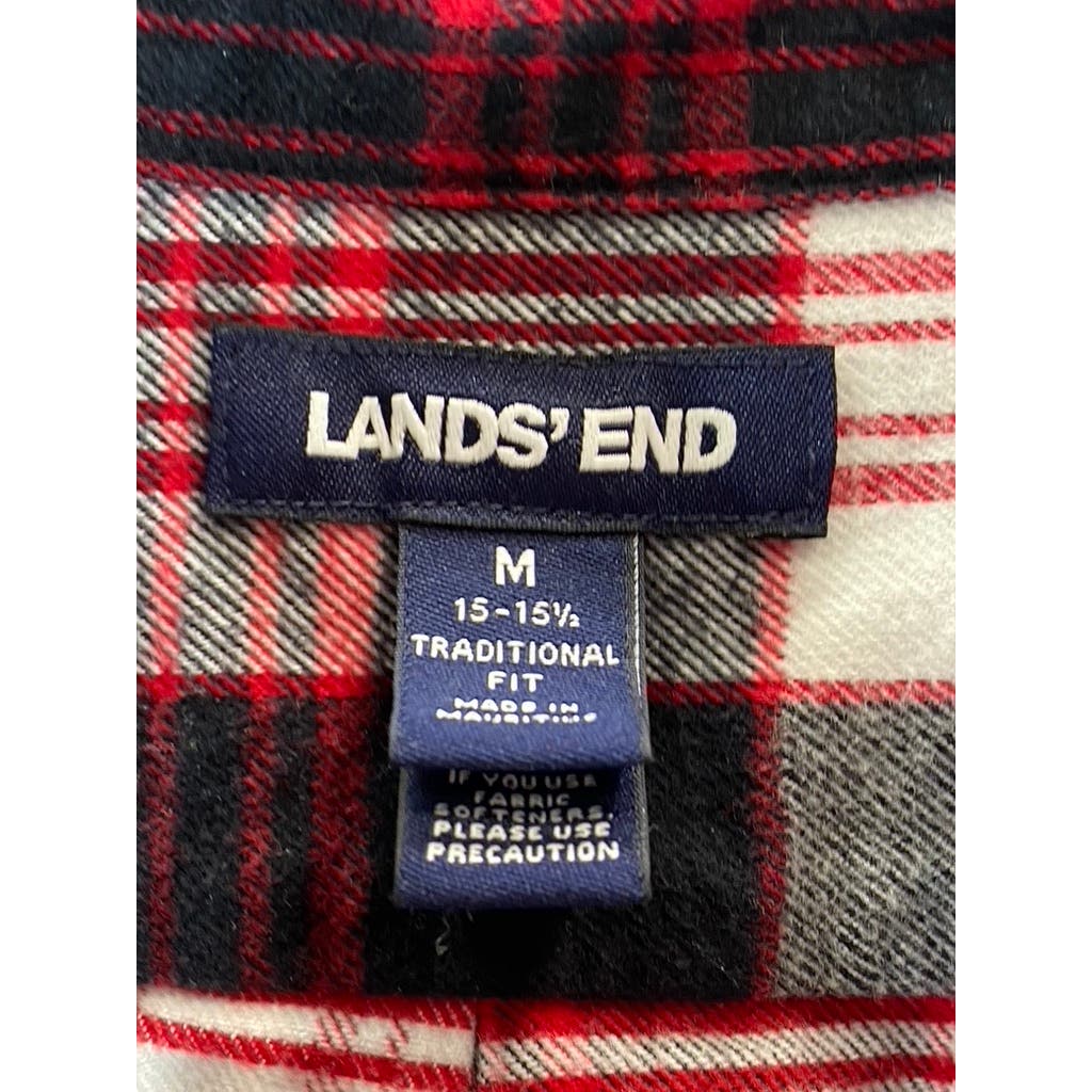 LANDS' END Men's Red/Black Plaid Traditional-Fit Button-Up Long Sleeve Shirt SZM