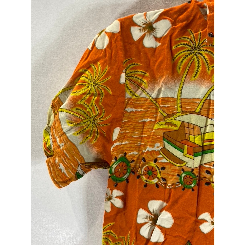 WOMEN'S Orange Tropical Floral Sailboat Print Button-Up Short Sleeve Top SZ 2XL