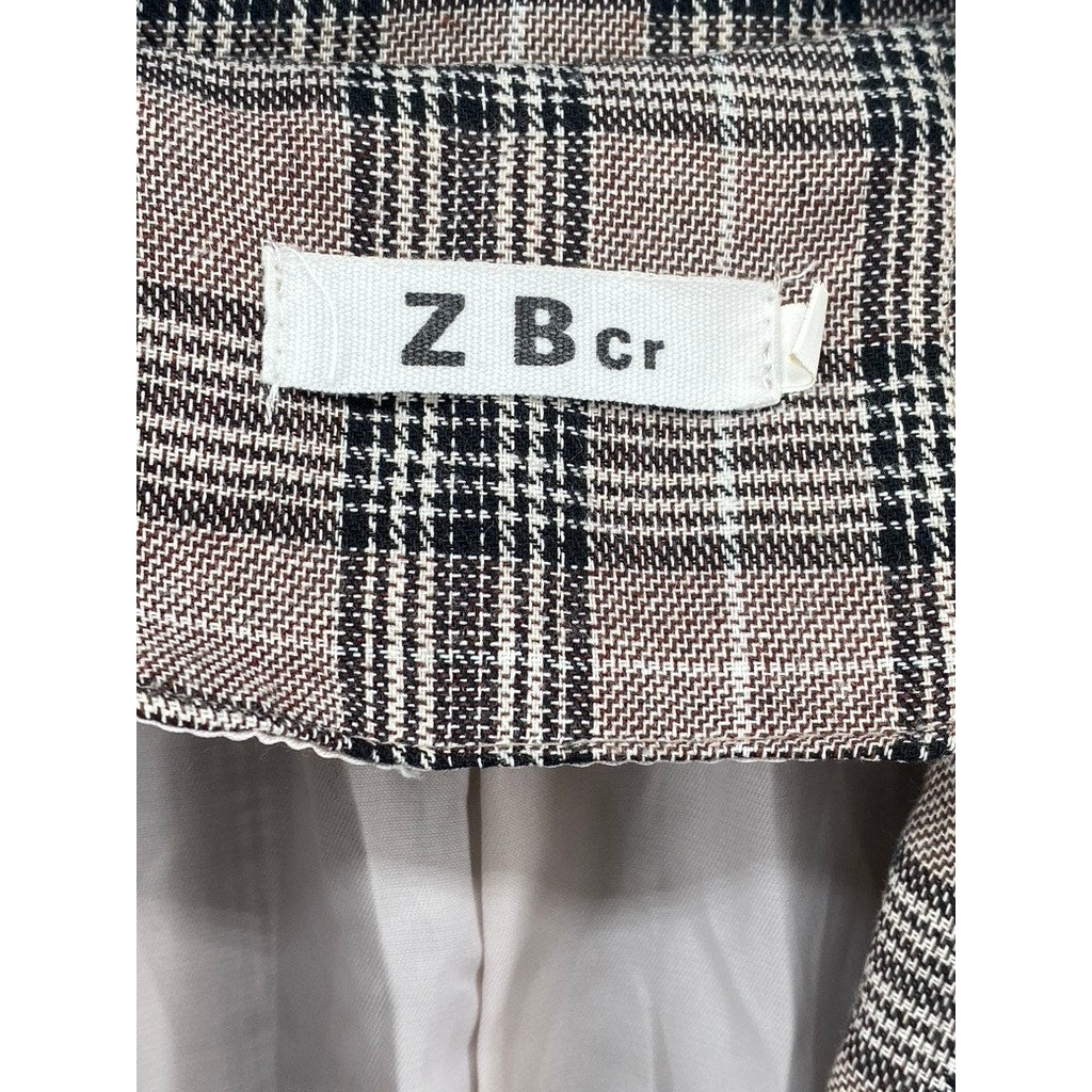 ZBCR Women's Tan-Black Plaid Buckle Closure Notch Collar Blazer SZ M