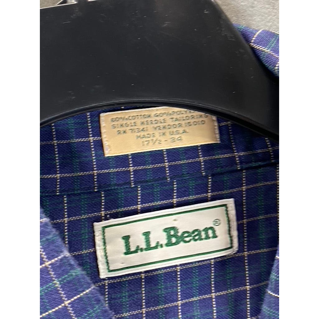 L.L. BEAN Men's Navy Mini Check Button-Up Long Sleeve Dress Shirt SZ 17.5/34