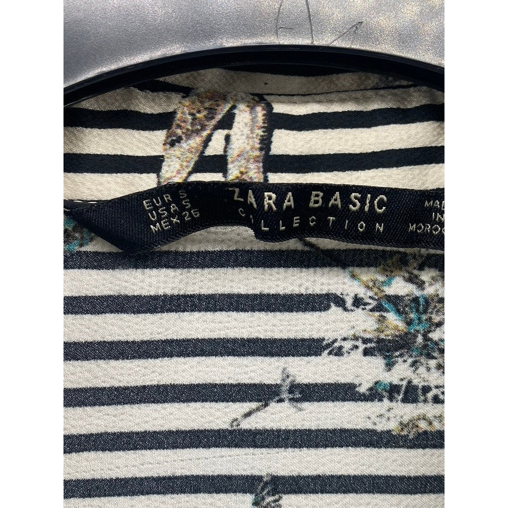 ZARA Women’s Black-Gray Striped Dragonfly Button-Up Long Sleeve Tunic Top SZ S
