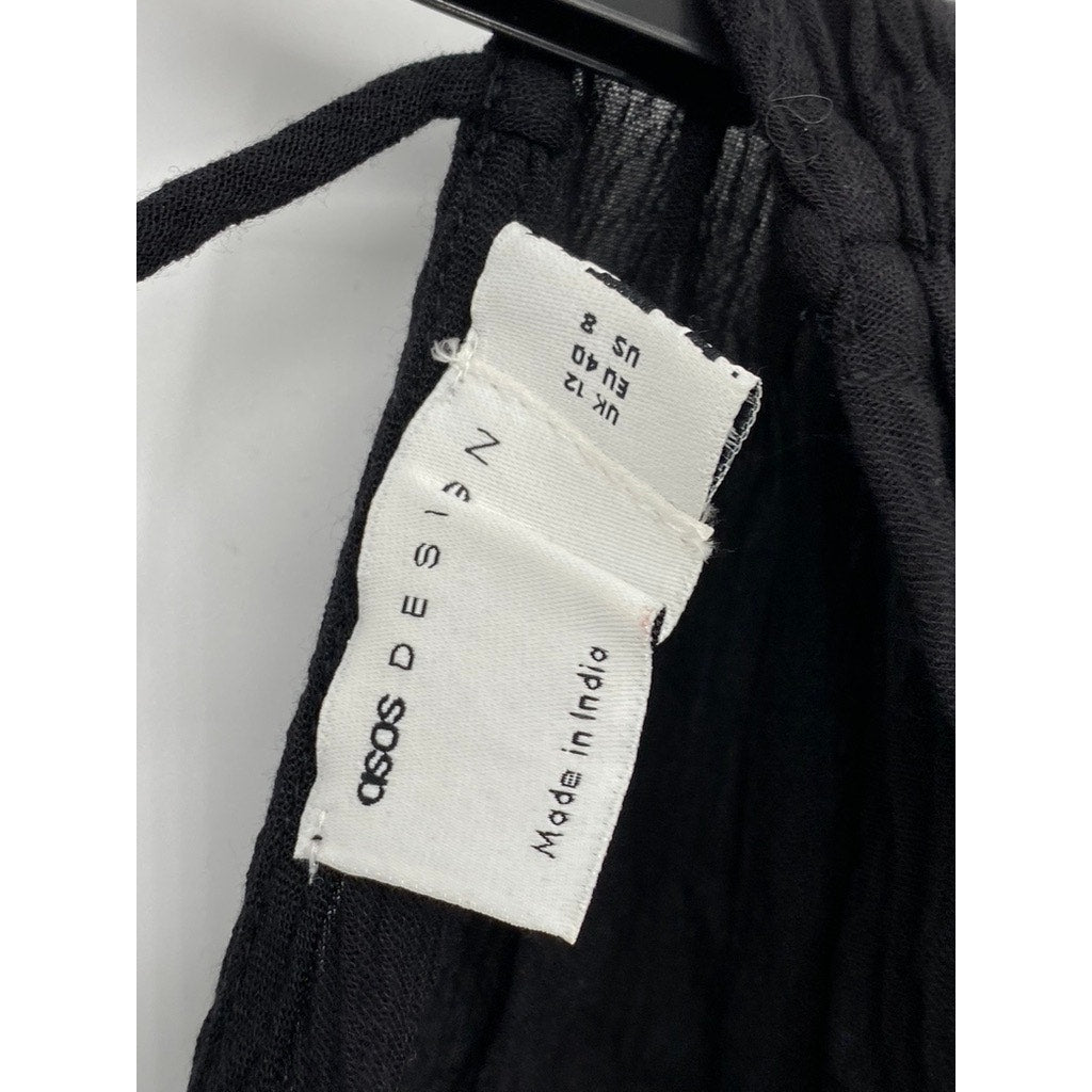 ASOS DESIGN Women's Black Crinkle Tie-Shoulder V-Neck Semi Sheer Romper SZ 8