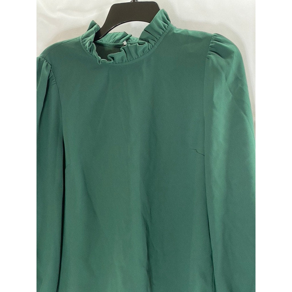 J.CREW Women's Dark Green Ruffle-Neck Long Sleeve 365 Crepe Top SZ S